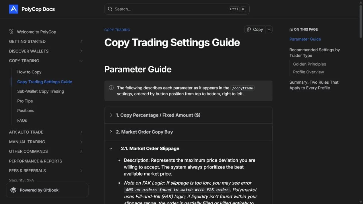 PolyCop's official settings reference showing copy sizing and market-order slippage controls